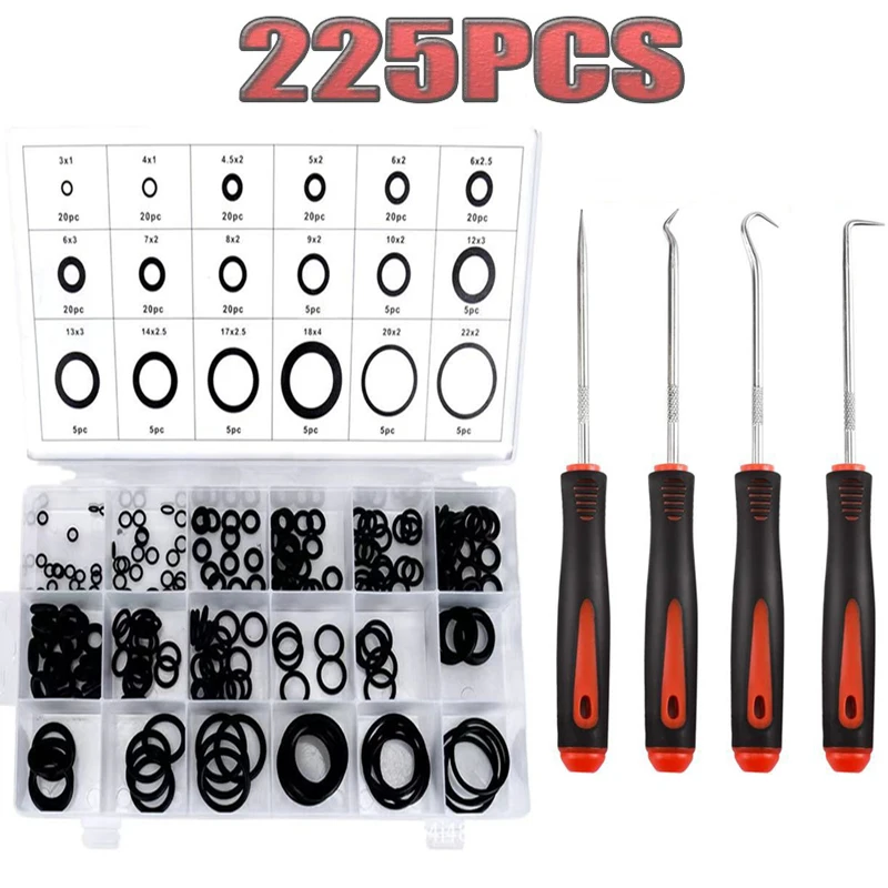 225pcs Rubber O Ring Sealing Washer NBR Plumbing Gasket Oil Resistant Automobile Faucet Repair with Oil Seal Screwdrivers