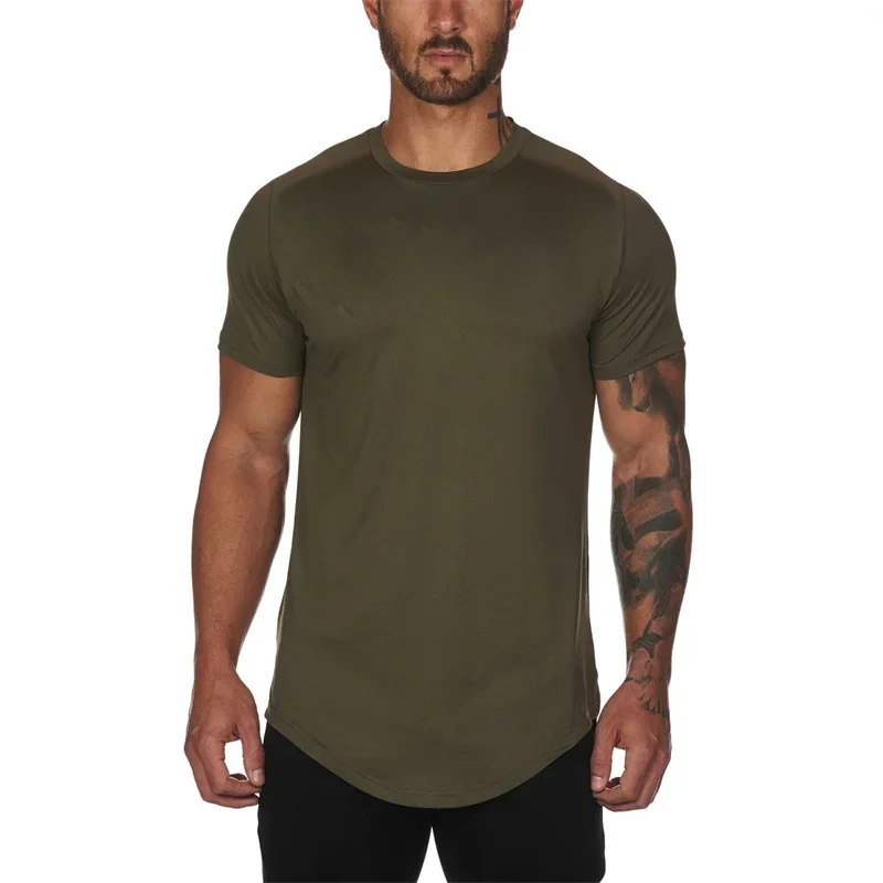 Summer Quick-drying Fabrics T-Shirt Men Slim Fit Stretch Solid Color Camouflage Top Male Comfortable Casual  Sports Fitness Tees