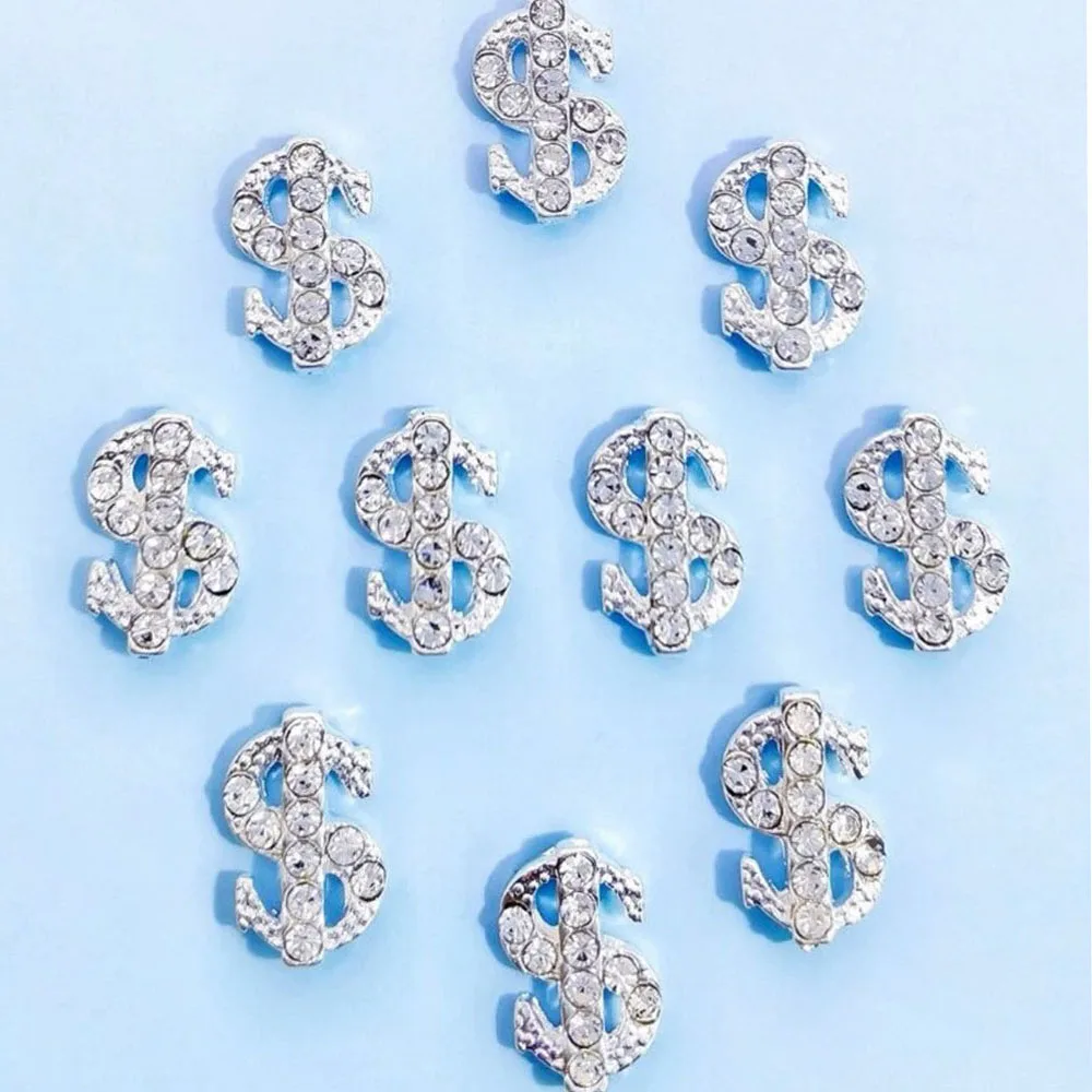 10Pcs Silver Dollar Sign Nail Art Charms 3D Alloy Shiny Diamond Money Sign Shaped Nail Decoration Luxury DIY Manicure Accessorie