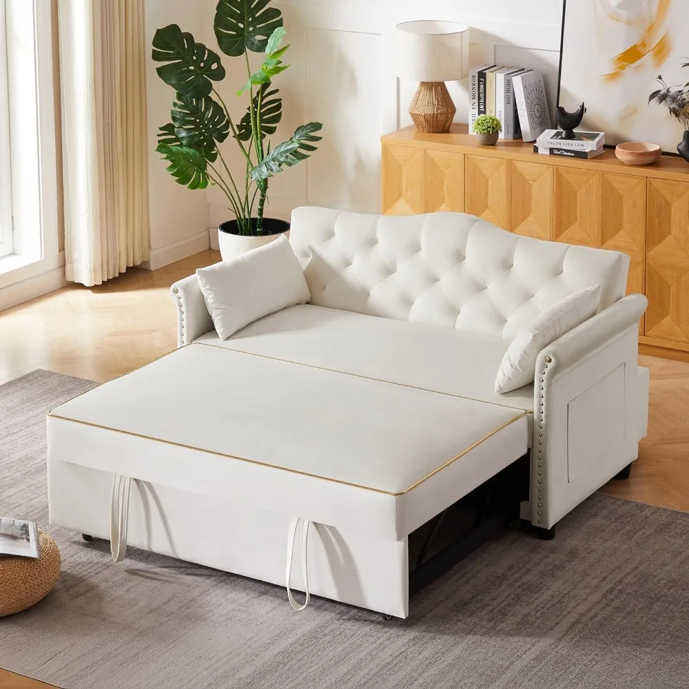 Velvet Pull-Out Sofa Bed, 3-in-1 Convertible Loveseat with Gold Trim Strips and Adjustable Backrest