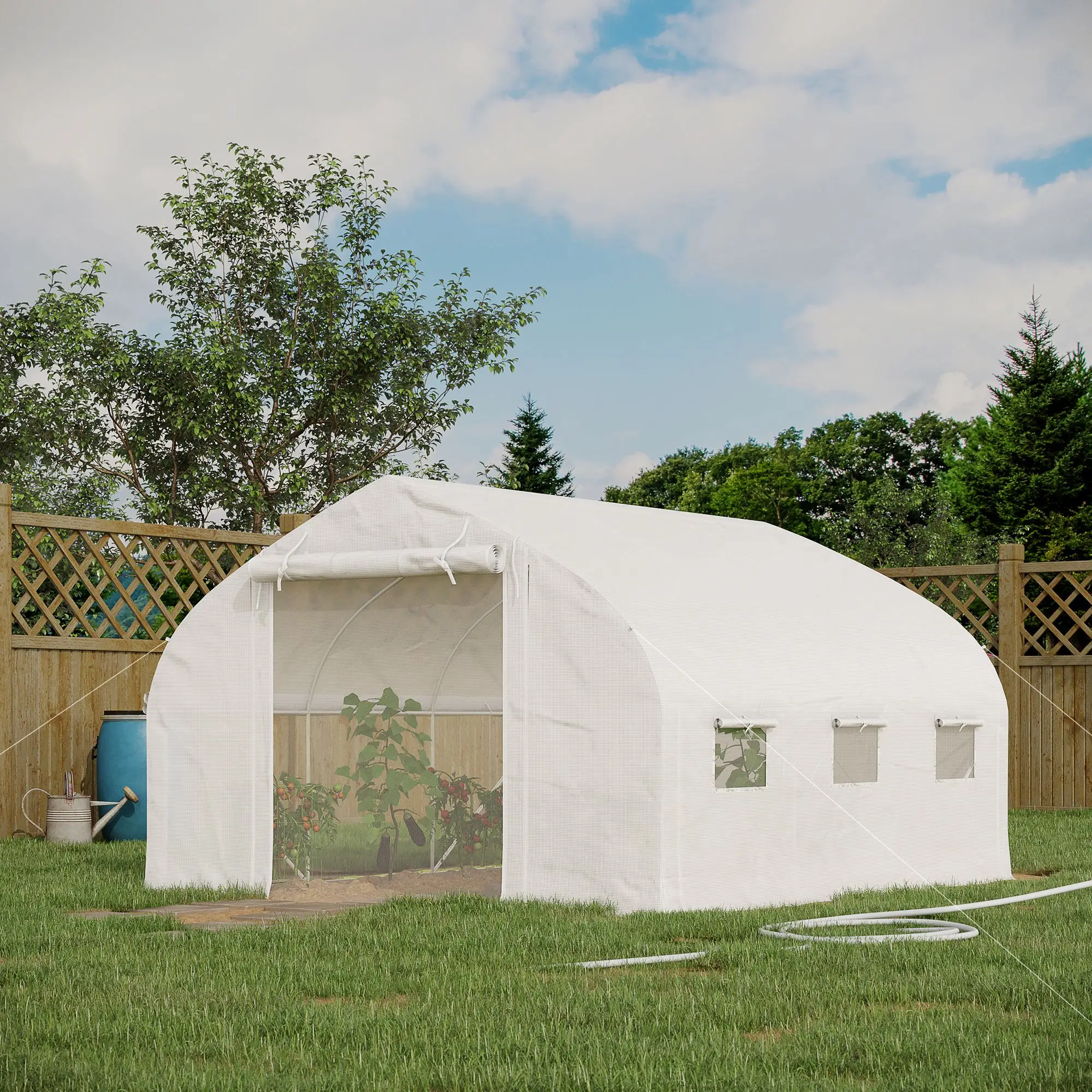 Outsunny Tunnel Greenhouse with Mesh Doors and Roll-Up Side Walls, White Greenhouse