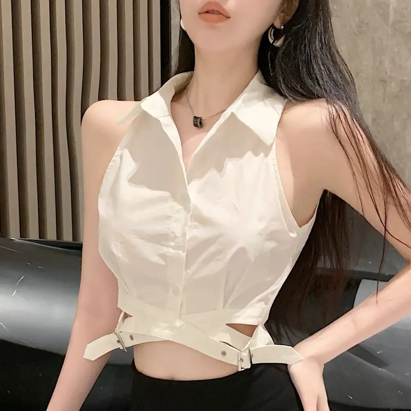 Chic Hot Girl Temperament Polo Kraag Shirt Mouwloos Vest Dames Onregelmatige Korte Top