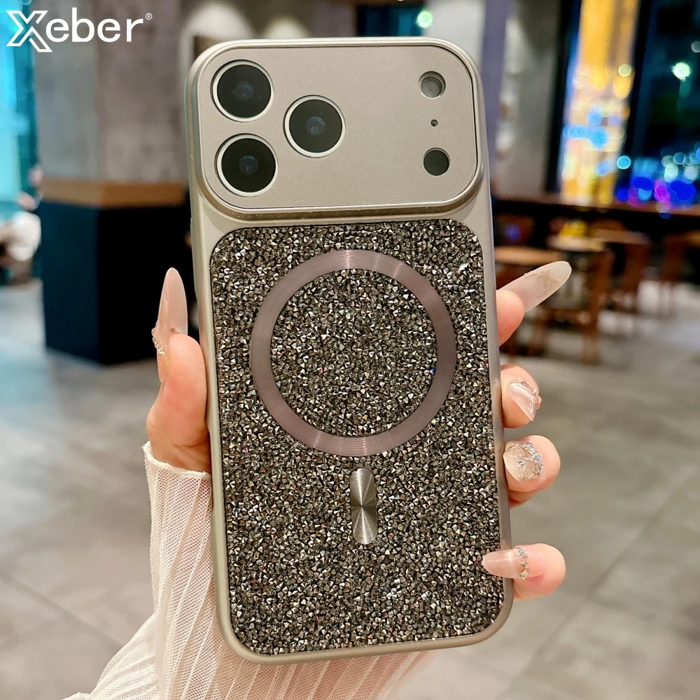 Luxuriöse funkelnde Diamant-Strass-Magnethülle für Magsafe für iPhone 17 Pro Max 16 15 14 13, kabellose Lade-Stoßstangenabdeckung