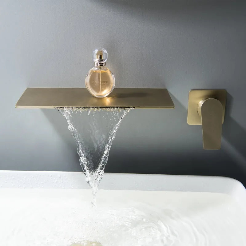 

Скрытый скрытый смеситель, встроенный в стену, водопад, горячая и холодная вода, полностью медный, матовый, золотой, смеситель для умывальника