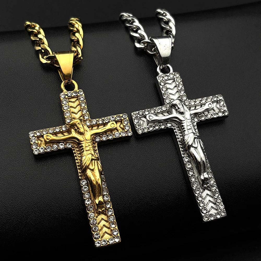 Jesus Cross Crucifix Stainless Steel Pendant Necklace for Women Men Gold Color Rhinestones Chain Christian Amulet Jewelry Gift