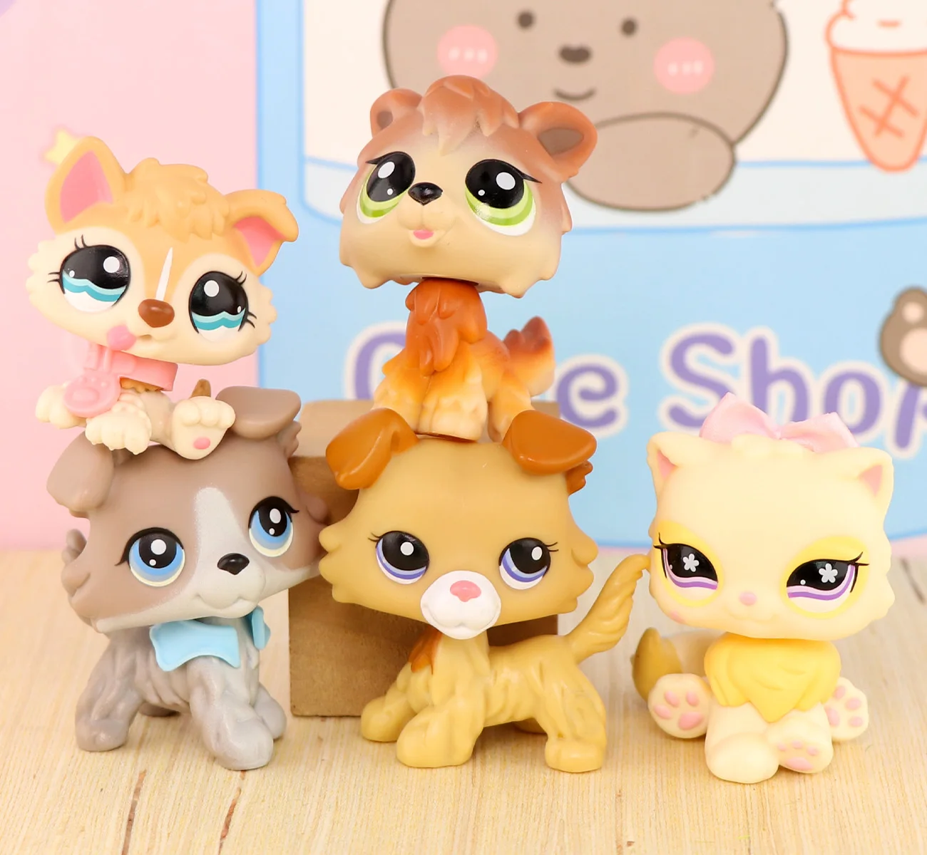 5pcs Pet Shop Collie #67 272 Baby Husky #1013 Wolf #2141 Yellow Persian Cat #763 Glasses Boy Kid Gift