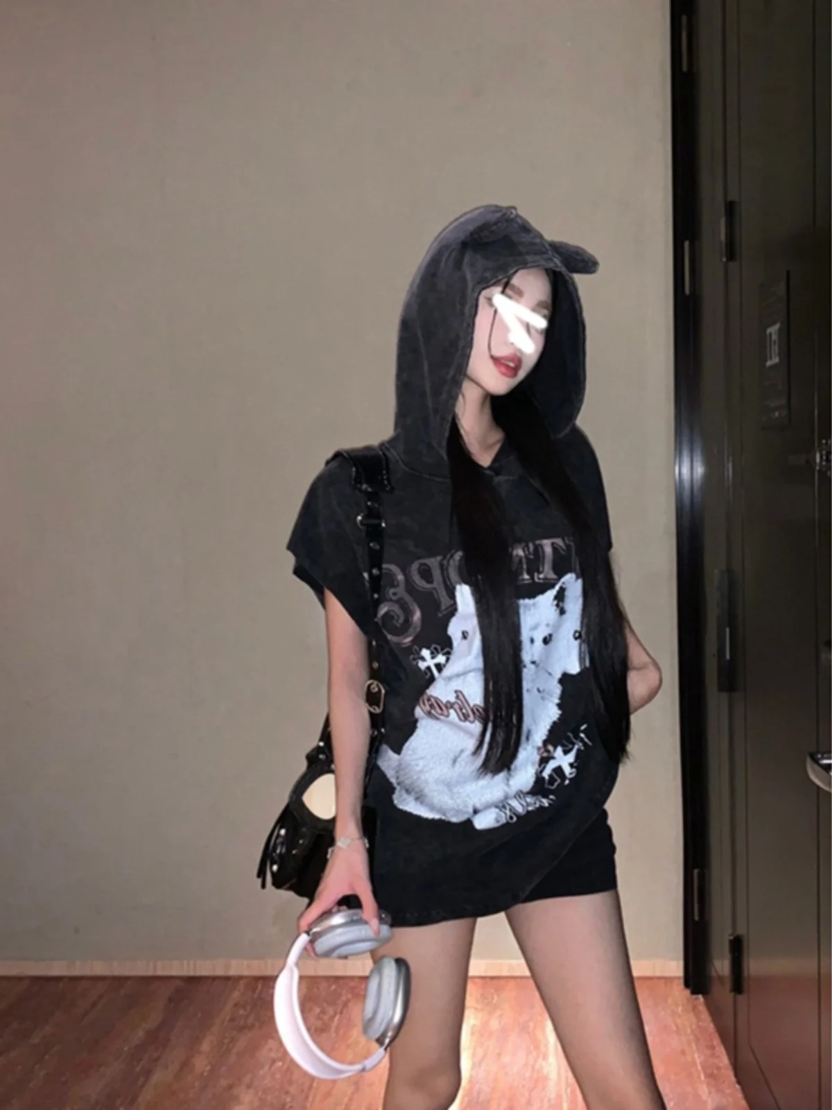 Retro  Sleeveless Hoodie Top Women Summer Sweet Cool Spicy Washed T-shirt Korean Style Printed Casual Loose Fit Tee