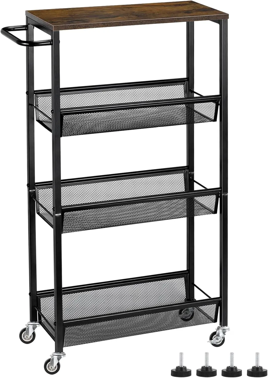 

Slim Storage Cart, 4 Tier Rolling Kitchen Shelving Unit on Wheels Mobile Narrow Cart with Wooden Tabletop for Bathroom