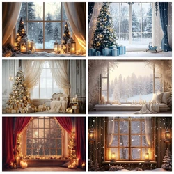 Christmas Backdrop Xmas Winter Window Curtains Frozen Pine Forest Snow White Candle Kids Family Photography Background Decor