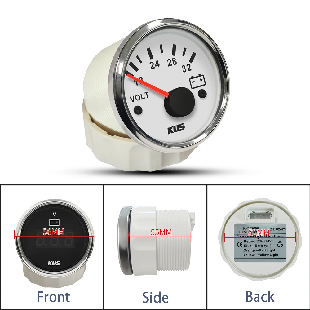 KUS 52mm Universal Voltmeter 8-16V 18-32V Digital Voltage Gauge Meter with Red Yellow Backlight for Car Truck Limousine Boats
