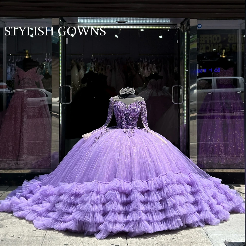 

Purple Sweetheart Ball Gown Quinceanera Dresses Beaded Appliques 2024 Birthday Luxury Dress Tiered Ruffles Graduation Gowns 1516