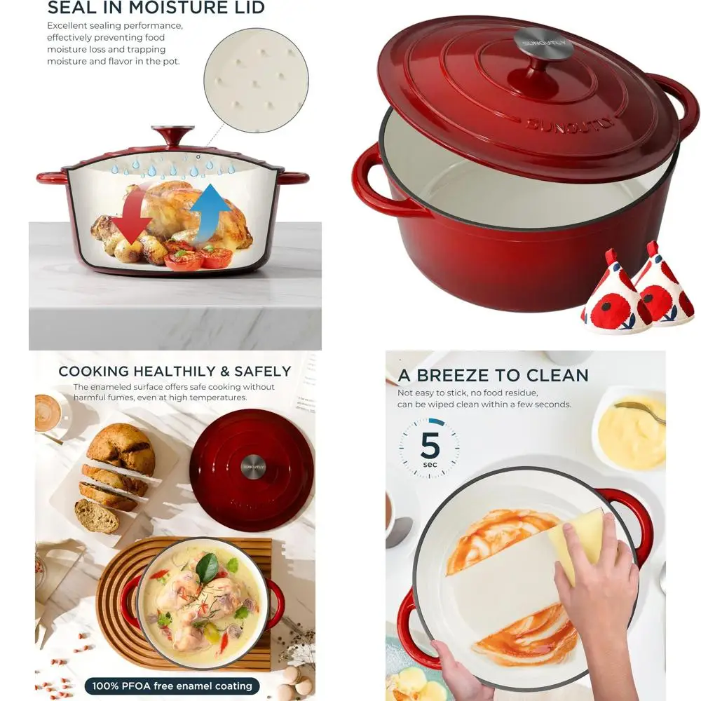 

6-Quart Enamel Cast Iron Dutch Oven with Lid and Cotton Potholders - Versatile Cookware for Braising, Stews, Roasting, and Bakin