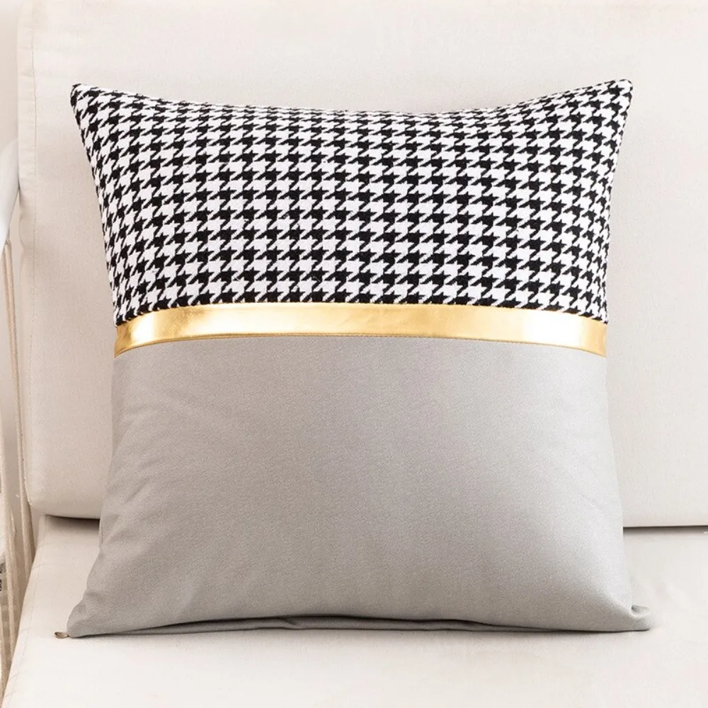 CIFBUY Fashion PU Leather Tech Cloth Houndstooth Patchwork Cushion Cover Decorative Throw Pillow Case for Sofa Home Decor