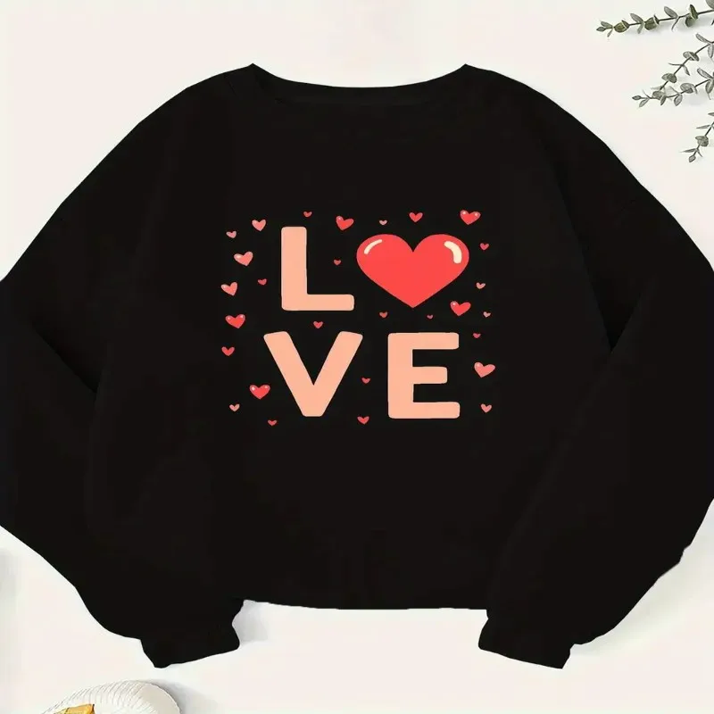 

Осень-зима Толстовка больших размеров для женской одежды Красный и розовый дизайн в форме сердца Круглый вырез с длинными рукавами Чистый хлопок Простой элегантный