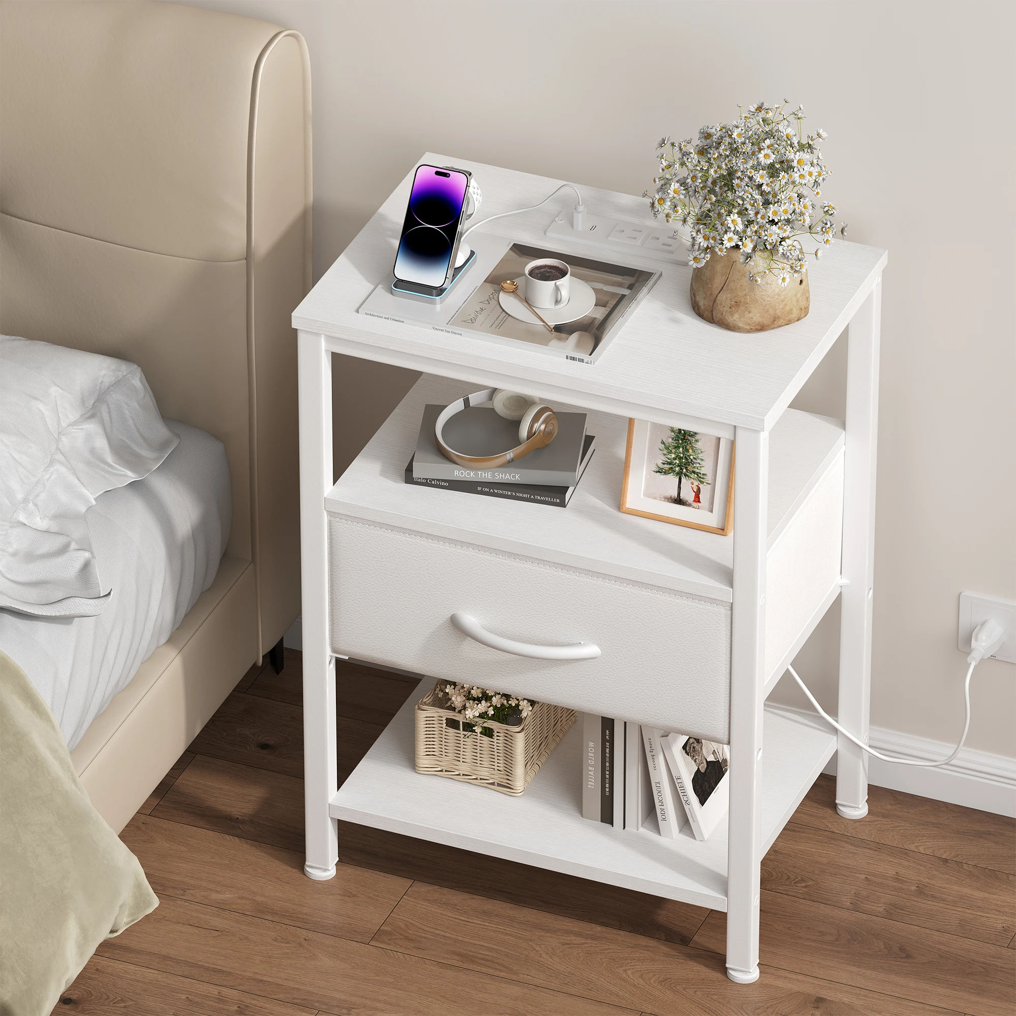 MCQ Nightstand 1 Fabric Drawers with LED Light Strip Cabinets Bedside End Table Storage With Charging Station for Home Furniture