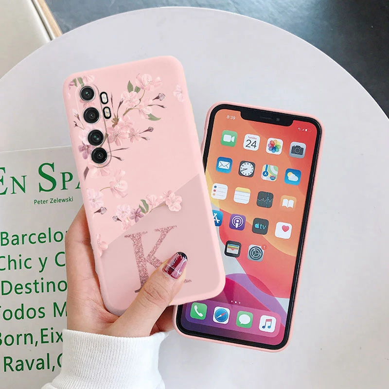 Cute Initial Letter Case For Xiaom Mi Note 10 Lite Back Cover Simple Style Flower Soft Silicone Fundas For Xiaomi Note10 Lite