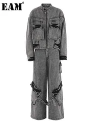 [EAM] Big Size Denim Jacket Wide Leg Pants Two Piece Suit New Stand Collar Long Sleeve Women Fashion Spring Autumn 2024 CPG1999