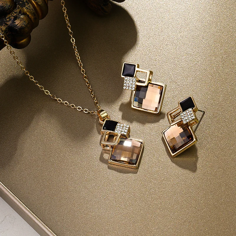 Mode Kristall Anhänger Halskette Ohrringe Sets für Frauen Mädchen Geometrische Quadrat Ohrring Halskette Schmuck Braut Hochzeit Set