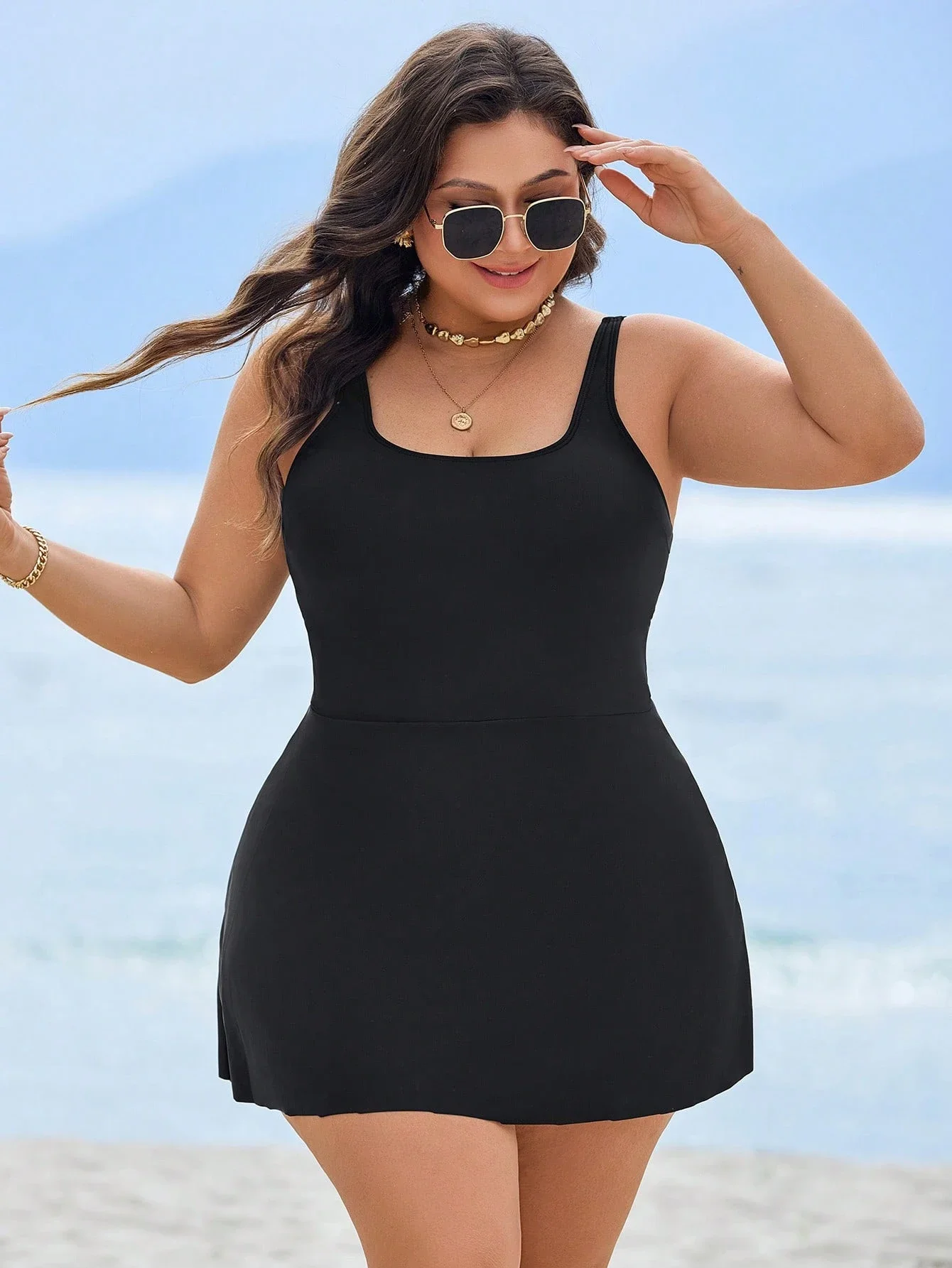 

Plus Size Square Neck One-Piece Swimdress Beach Vacation Swimsuit