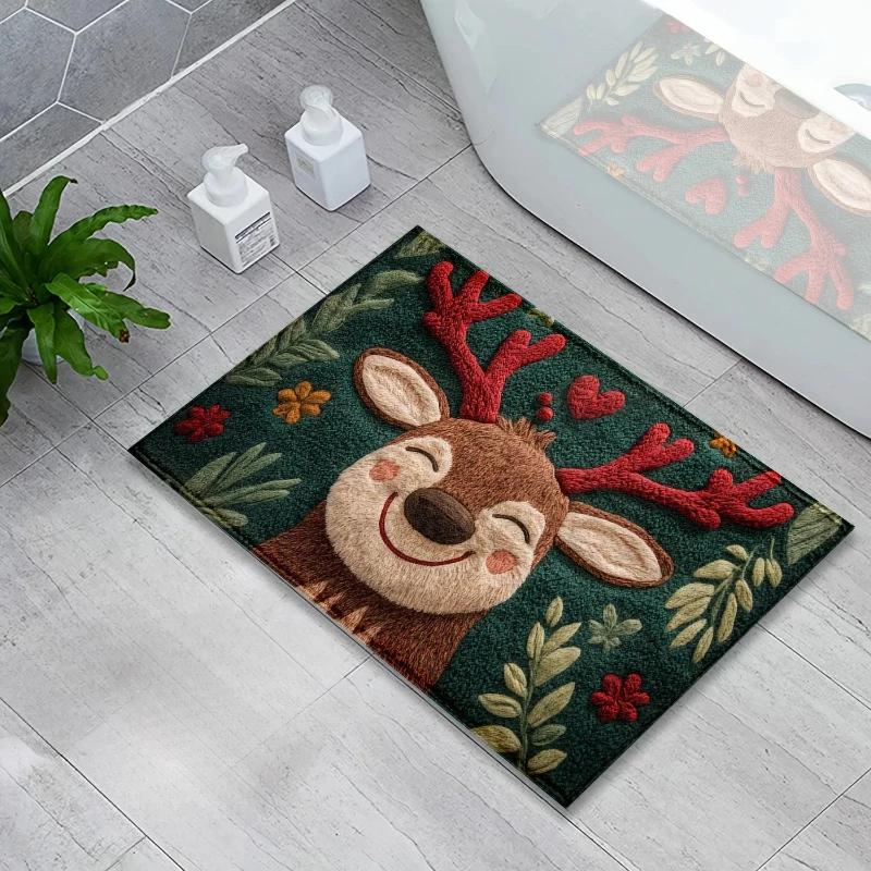 قطعة واحدة من سجادة الحمام المصنوعة من الألياف الدقيقة لعيد الميلاد - سريعة الجفاف وماصة، تصميم عطلة احتفالية مع التوت الأحمر والأوراق الخضراء