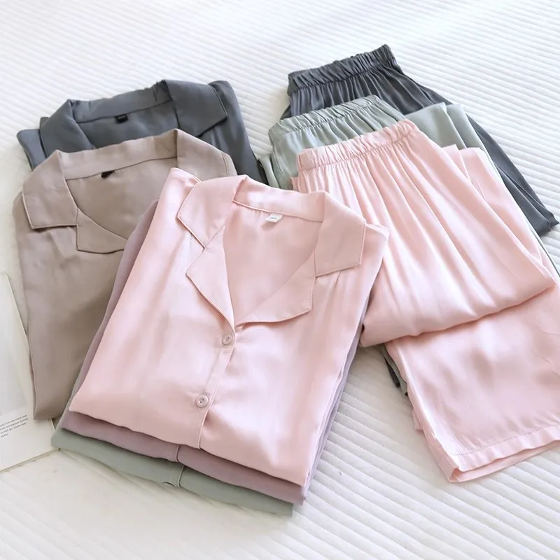 

Couple Cotton Silk Pajamas Women's Summer Satin Rayon Long-sleeved Trousers 2 Pcs Set Solid Color Men's Loungewear Thin Set