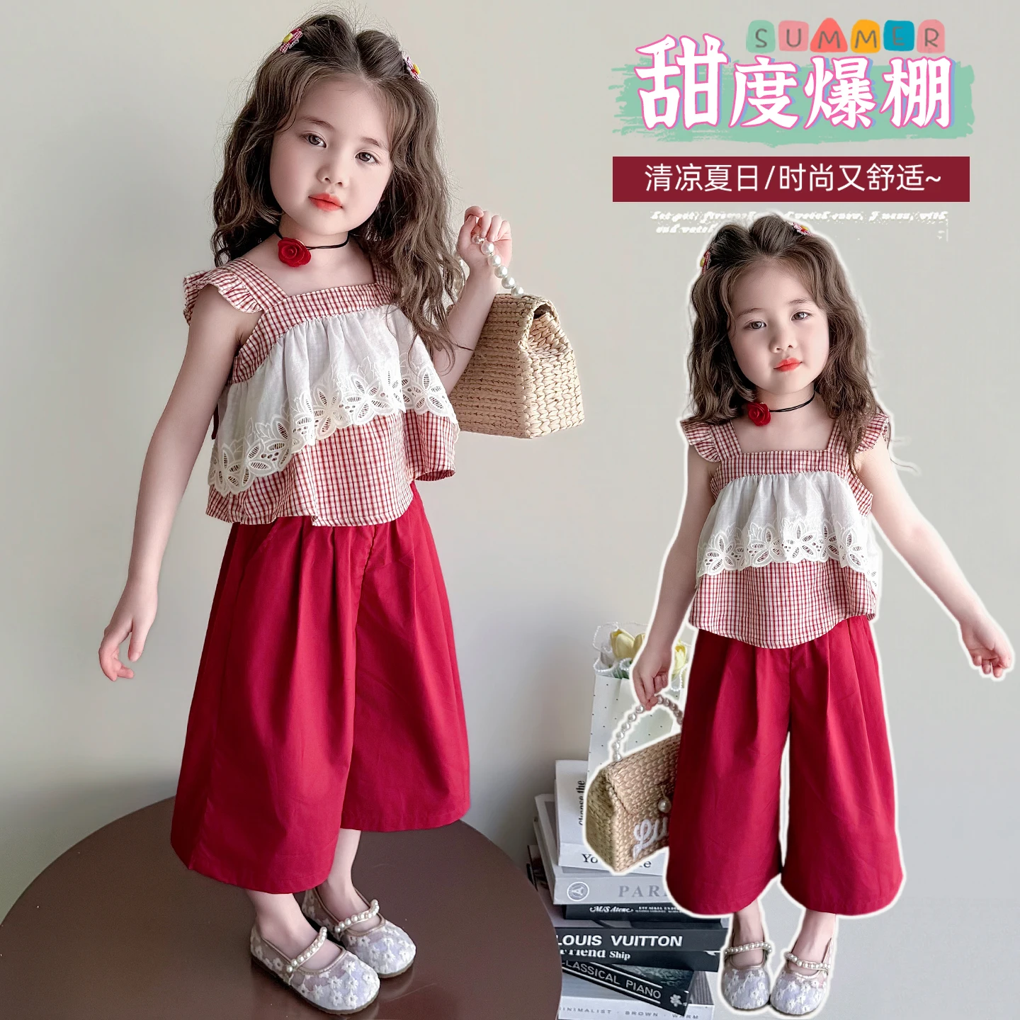 

2026SS Baby Girls 2-Piece Clothing Set with Bow Sleeveless Vest And Pants Spring Summer Simple Vacation Style for Kids Aged 2-9