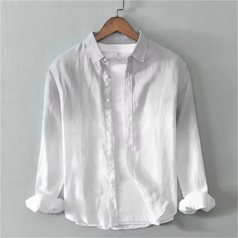 2025 men's casual versatile long sleeve gradient printed solid color shirt, 100% linen shirt, designed for business travel.