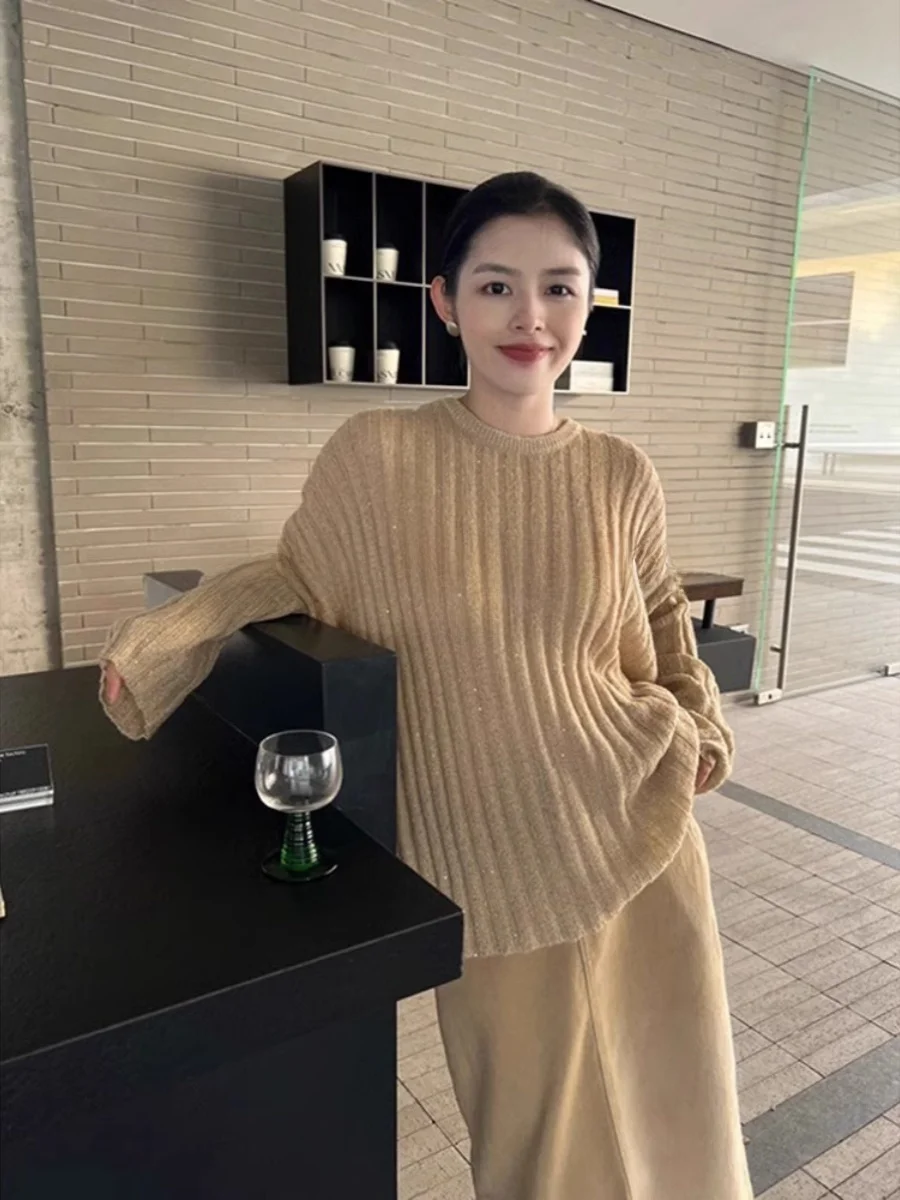 

ROUJE KEFSS Design Sensation Milk Tea Color Women's Sweater Lazy Style Knitted Shirt Long Sleeve Other Material 100% Winter 2024