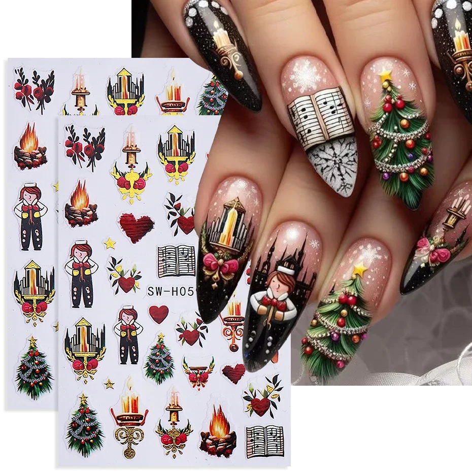 2 قطعة عيد الميلاد الكرتون ملصقات الأظافر ذاتية اللصق الشتاء شجرة عيد الميلاد سانتا كلوز الحب مسمار الشارات مانيكير الديكور المتزلجون