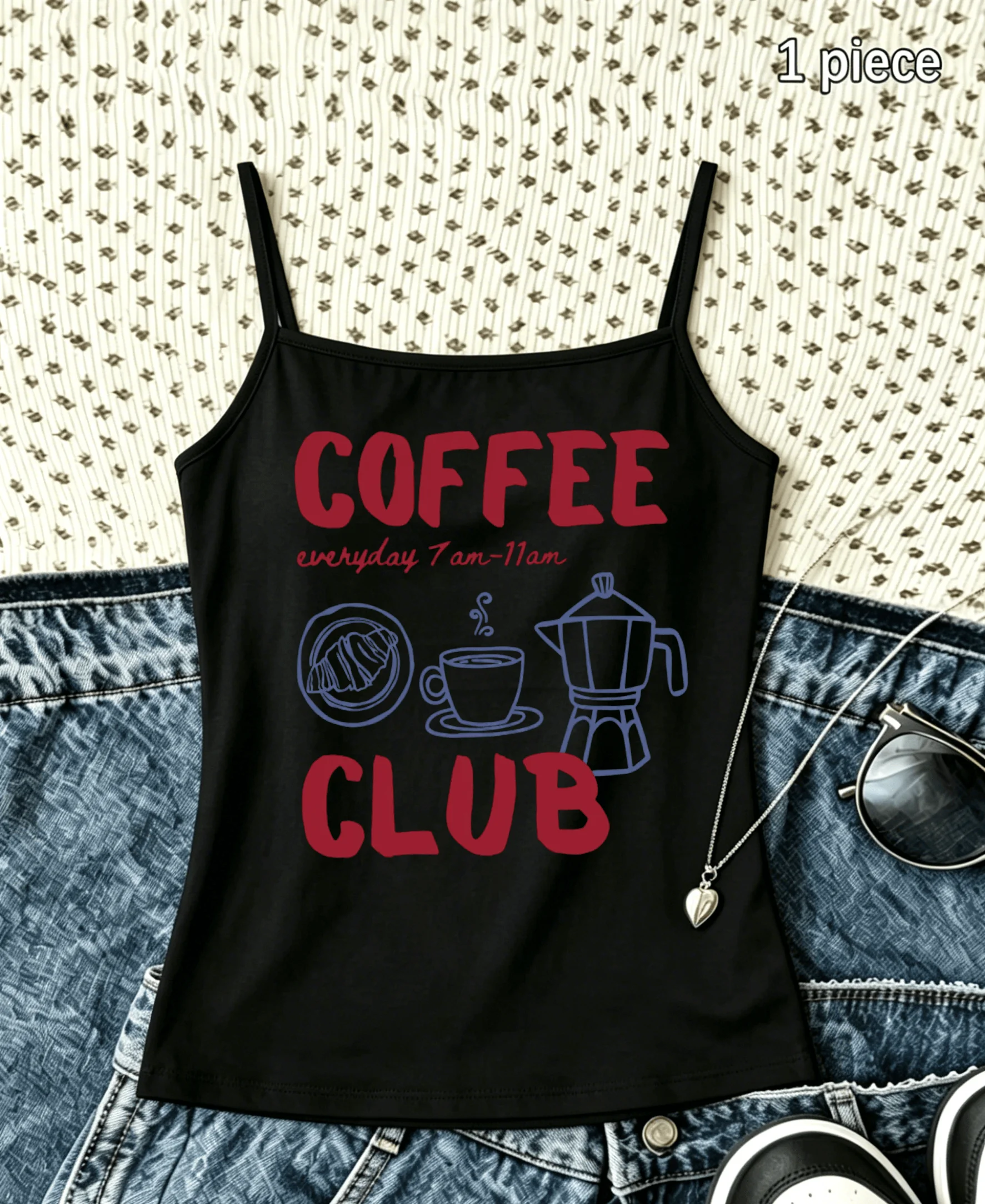 Women Coffee Club Moka Pot Cup Line Print Strap Camisole Coquette Sleeveless Tank Top Summer 2 Color Casual Coffee Lover Vest