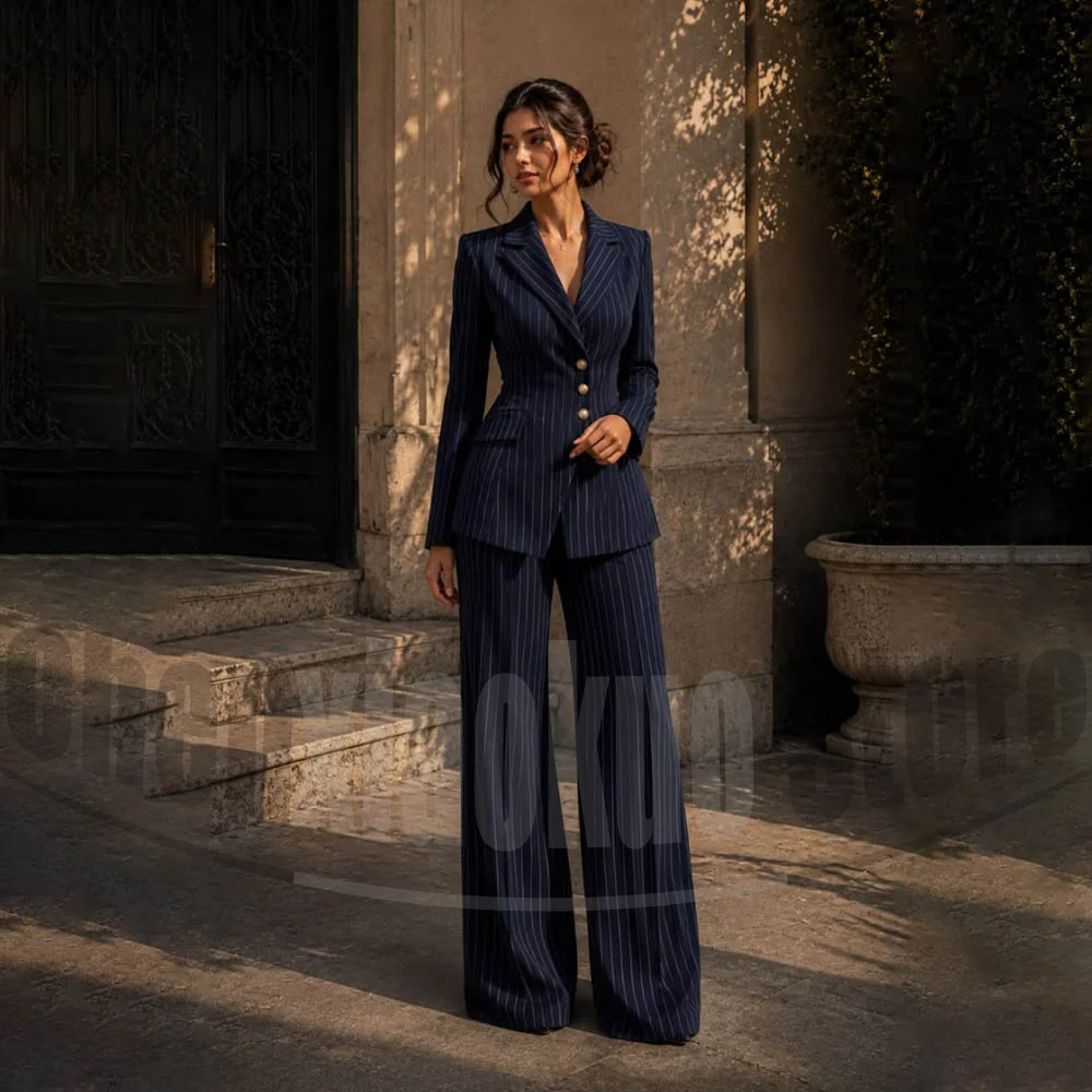 Women Striped Suit Set Single Breasted Blazer Wide Leg Pants 2 Piece Outfit Elegant Formal Office Business Party Female Tuxedo