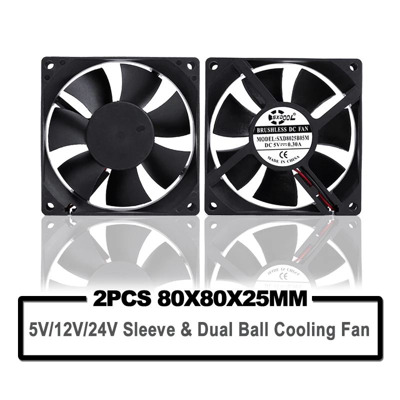 2pcs SXDOOL 5V 12V 24V 80mm 8cm Cooling Fan 80x80x25 mm 8025 Sleeve/Ball PC Computer Case Fan DIY Router GPU CPU Cooling Fan