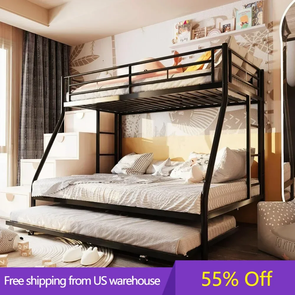 Metal Bunk Bed Twin Over Full, Loft Beds with 2 Secured Ladders, Trundle Bed Twin with Daybed, Space-Saving Bed Frame