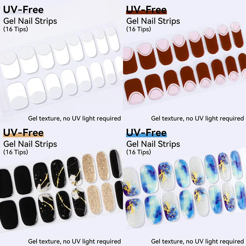 UV-freie Gel-Nagelstreifen, 16 Spitzen, selbstklebende Gel-Nagelaufkleber, DIY-Maniküre-Dekoration, lila, rosa, nackter Glitzer