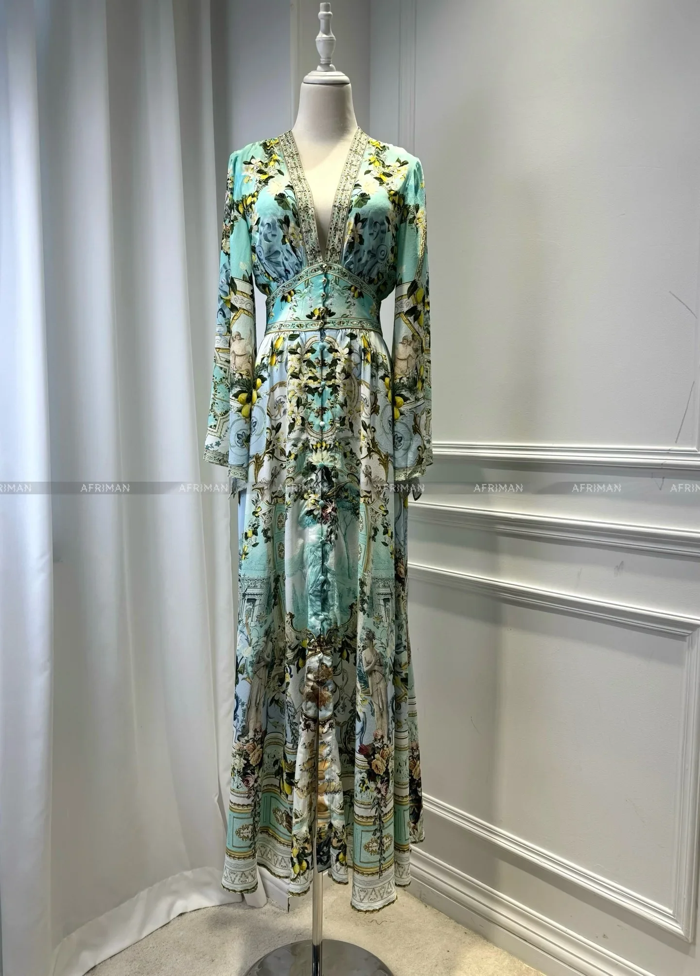 Damen-Maxikleid mit V-Ausschnitt, Kristallperlen, ausgestellte Ärmel, Retro-Zitronenblumendruck, langes Seidenhemdkleid