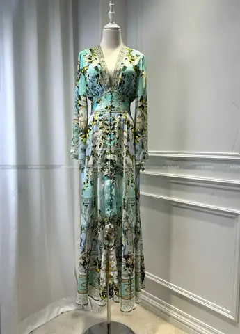 Women V Neck Crystal Beaded Flare Sleeve Retro Lemon Flower Print Maxi Long Silk Shirt Dress