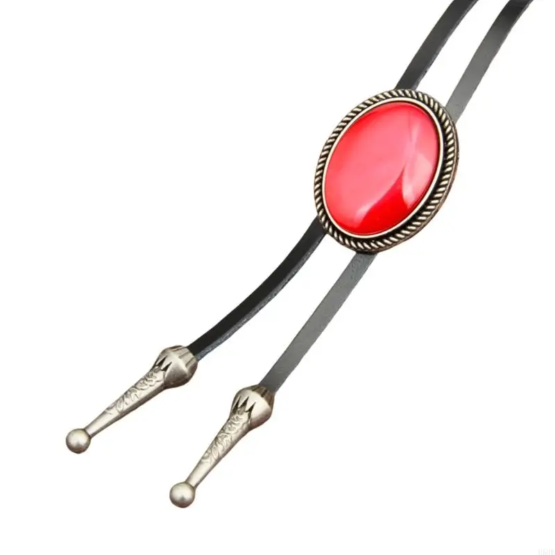 H58E Westerse lederen bolo tie ovale vorm stenen sieraden stropdas ketting overhemd ketting