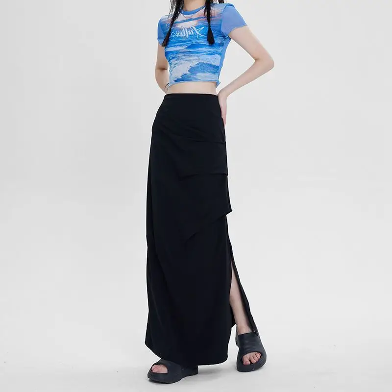 우아한 분위기의 A 워드 오버 스커트, 툴링 사이드 슬릿 롱 스커트, 용수철 여름 패션 통근자 여성 원피스