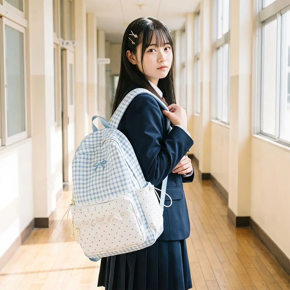 Y2k Sweet Polka Dot Backpack Plaid Bowknot Lace Trim Rucksack Bow Design Large Capacity Student School Bag Daily