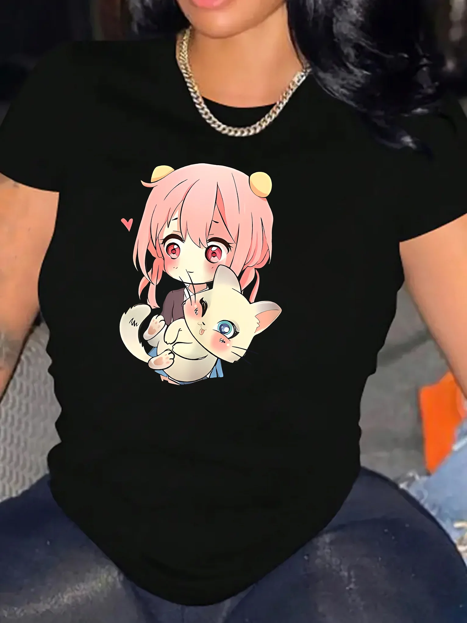 

Women's Casual Short Sleeve T-Shirt with Cute Anime & Cat Graphic Print, Soft Stretch Round Neck Tee, Machine Washable All-Seaso