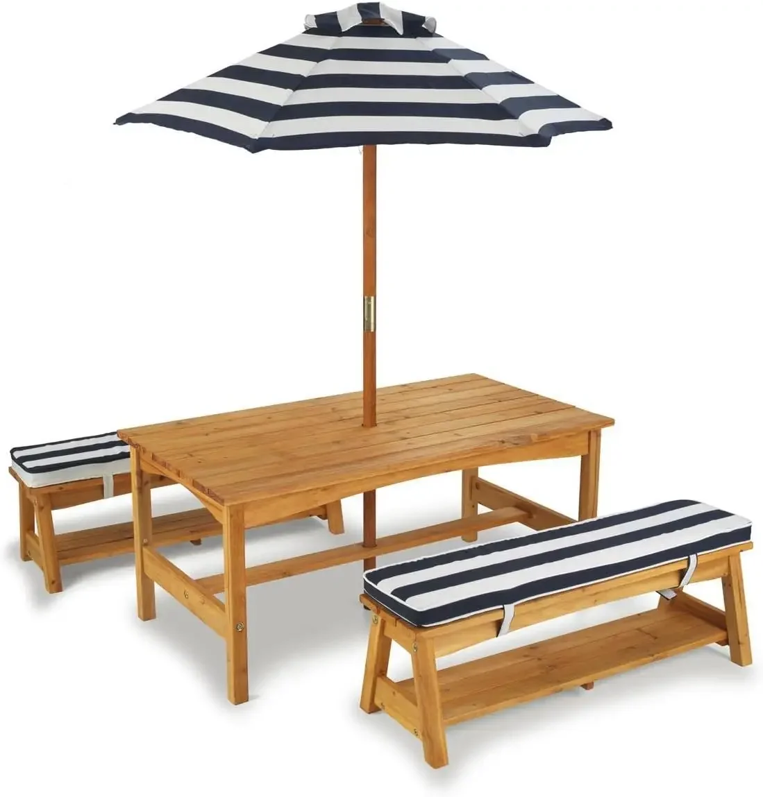 Outdoor Wooden Table & Bench Set with Cushions and Umbrella, Kids Backyard Furniture, Navy and White Stripe Fabric