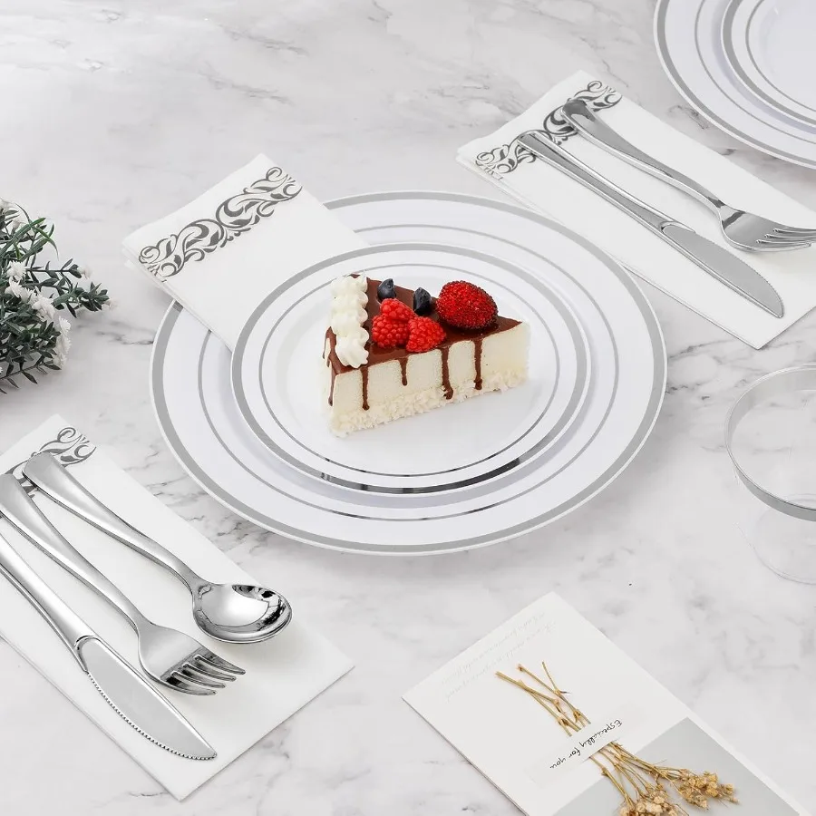 Service de vaisselle en argent 350 pièces pour 50 invités, service de vaisselle en plastique pour fête mariage noël Halloween inclus: 100 plastique P