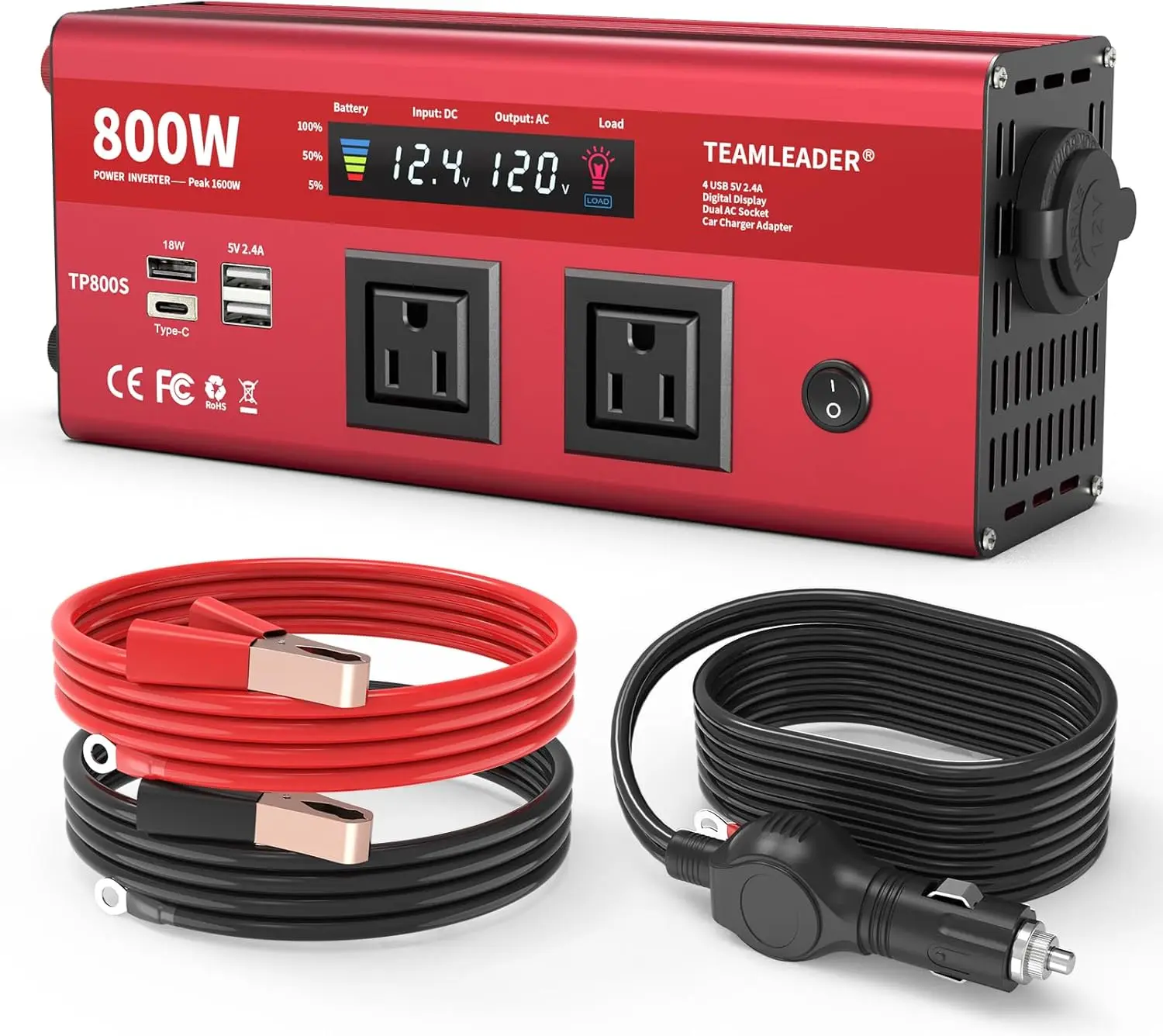 800W Power Inverter 12V DC to 110V AC for Car, Converter with Dual AC Power Outlets, Four USB Ports and Thicken Cables