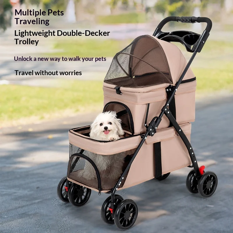 Double-layer Detachable Foldable 8-Wheel Lightweight Dog Cat Pet Stroller With Zipper Closure Outdoor Wholesale Cross-border