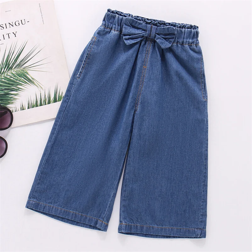 Spring and Autumn 2024 Girls' Breathable Versatile Solid Color Bow Wide Leg Pants/Jeans 1-6 Years Old