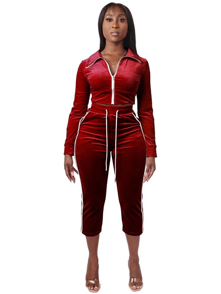 JENYAGE Velours-Samt-Zweiteiler für Damen, dehnbar, einfarbig, mit Reißverschluss, kurzem Oberteil mit Kragen, Capri-Hose mit seitlichem Streifen, figurbetonter Trainingsanzug – Detail 9