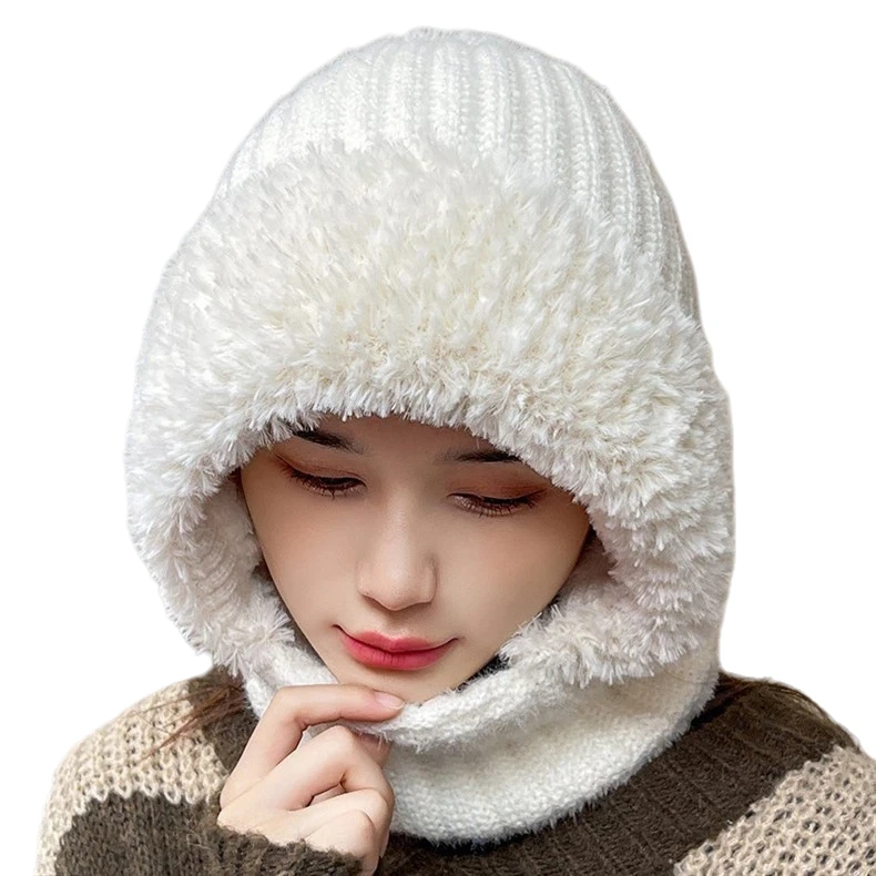 

2-in-1 Women Winter Knitted Balaclava Hat Scarf Plush Fleece Lined Neck Warmer Windproof Outdoor Skiing Cycling Hooded Beanie