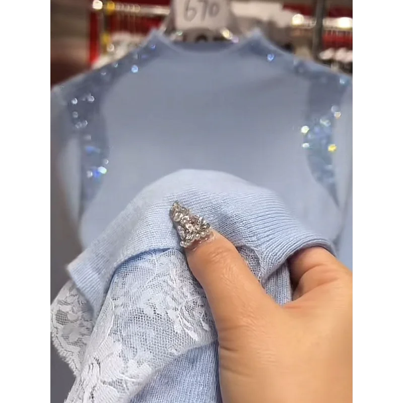 

Горячая кружевная полуводолазка с бриллиантами, вязаный низ, женский осенне-зимний новый универсальный свитер, топ