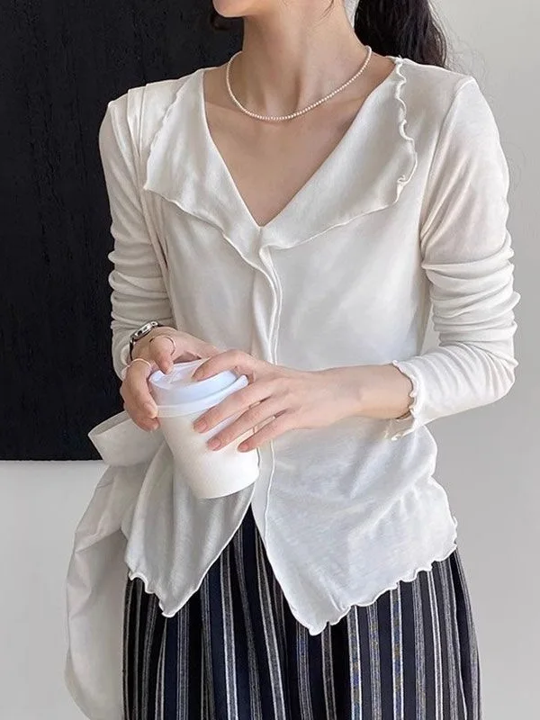 

Ele V-ne Long Sve irt Women's Faion Design Sensation Spring Autumn Wood ain Beautiful Top French Sle Lo...