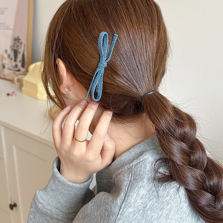 

French Bow Denim Hair Clip Side Alligator Style High Grade Elegant for Bangs Frizz Hair Daily Festival Use